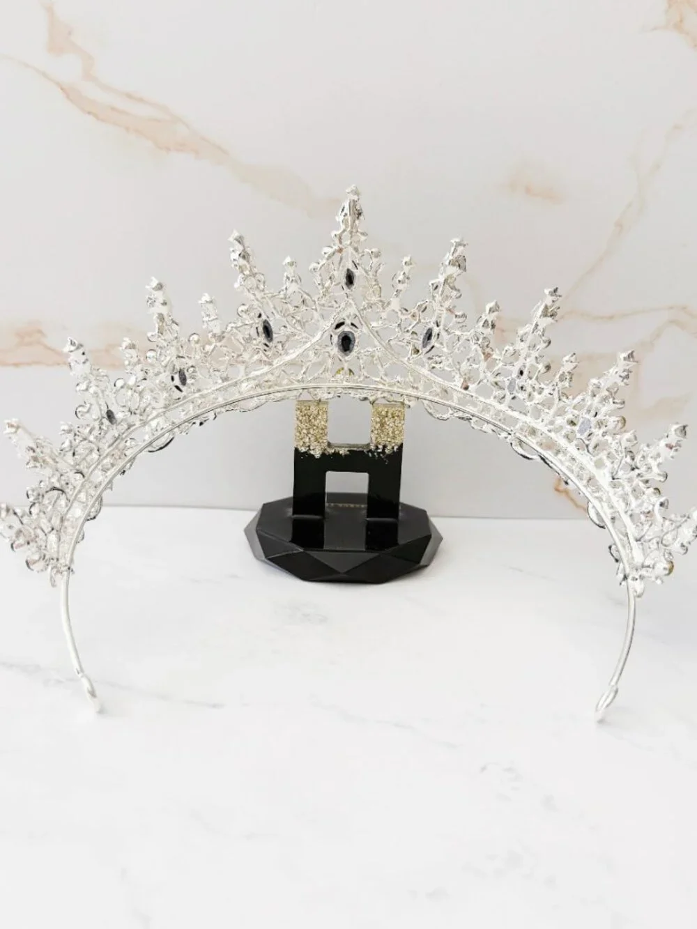 Black Rhinestone Tiara, Silver Gothic Crown for Wedding, Prom, Pageant Headpiece